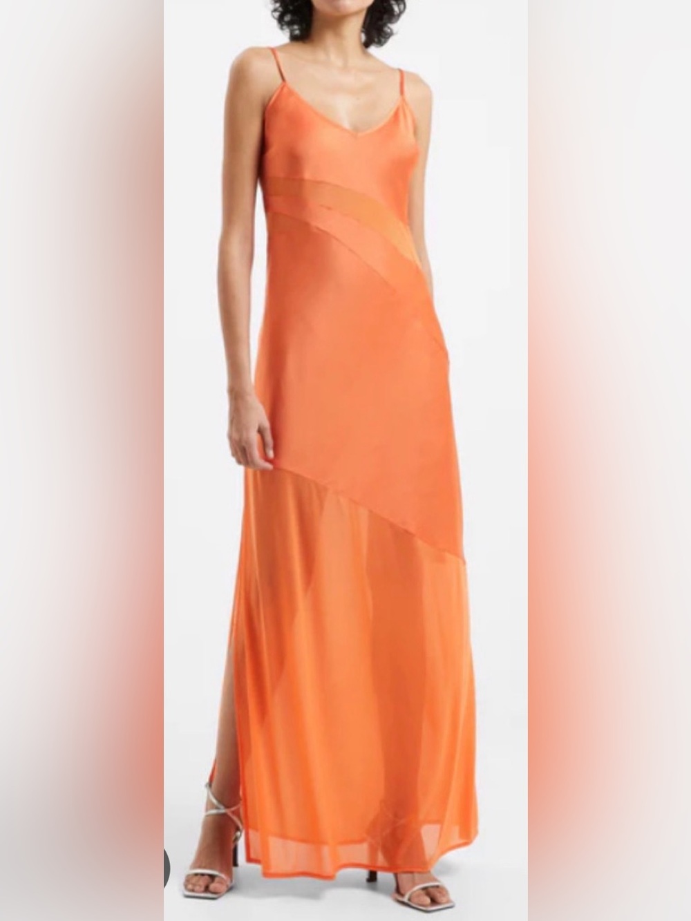 French Connection Satin Mesh Mandarin Orange Maxi Dress- XS